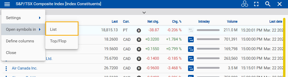 Opening securities in a list from the index constituents widget.